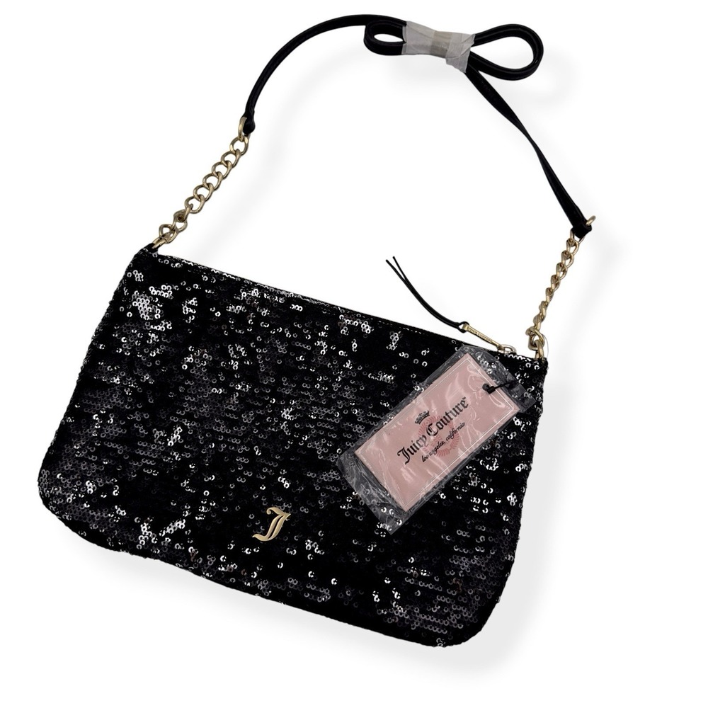 NEW Juicy Couture Katie Crossbody Purse Bag Black Sequin Gold‎ Chain Pink Lining